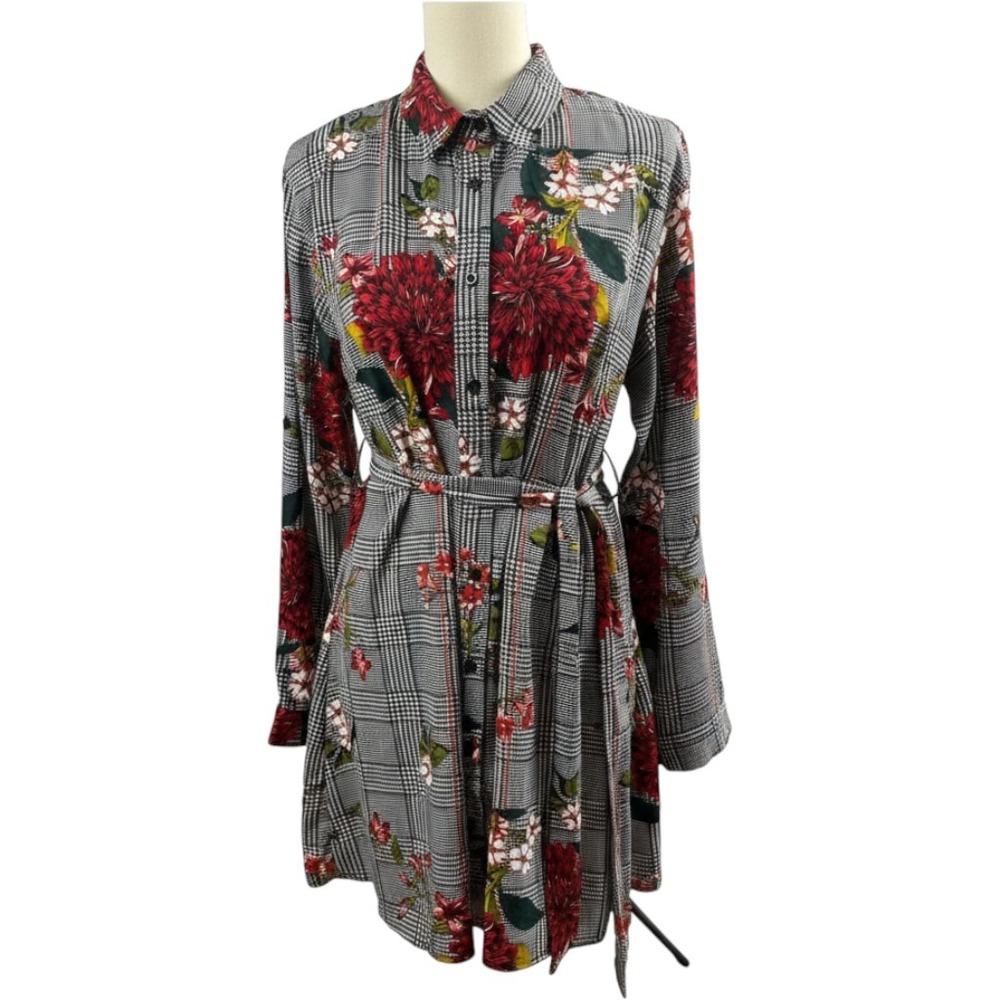 Boohoo Womens Floral Glen Plaid Shirt Dress Red Black White Long Sleeve Size 6